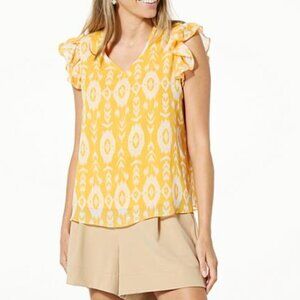 Curations X Sarah Anderson Red Floral Cap Sleeve Ruffle V Neck Blouse Large